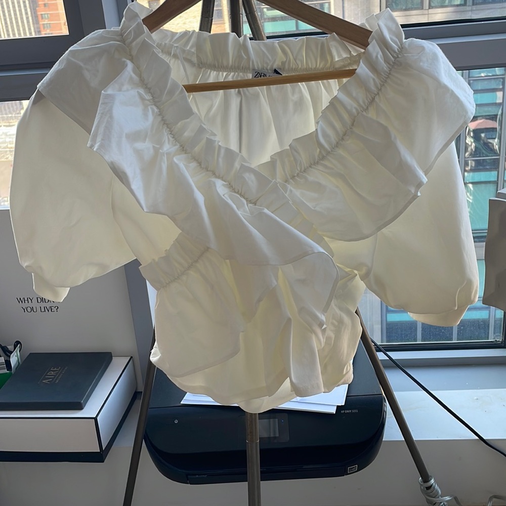 Zara white ruffled blouse